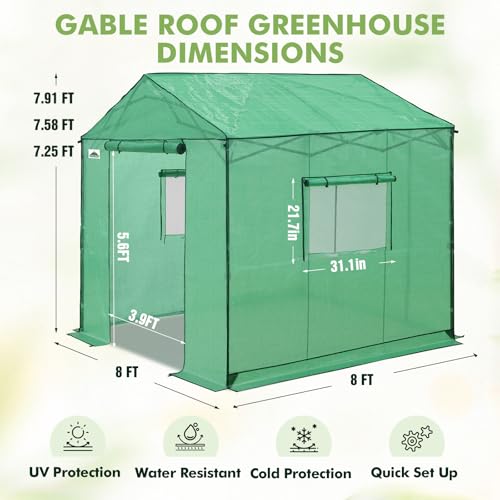 EAGLE PEAK 8x8 Portable Pop Up Greenhouse, Patented Center Lock Easy One Person Setup, Walk-in Outdoor Greenhouse with Gable Roof, Weight Bags, Zippered Doors & Windows, Green - Image 3