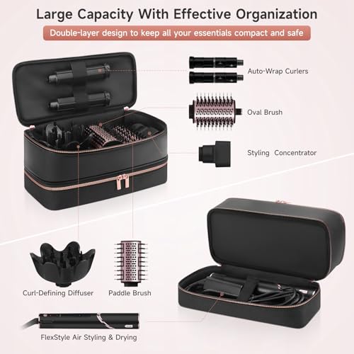 Image of Travel Hair Dryer Case for Shark Flexstyle, Double-Layer Carrying Case for Shark Flex Style Blow Dryer, Portable Hair Tools Storage Organizer Bag for Shark Beauty Hairdryer Attchments(Black Rose Gold)