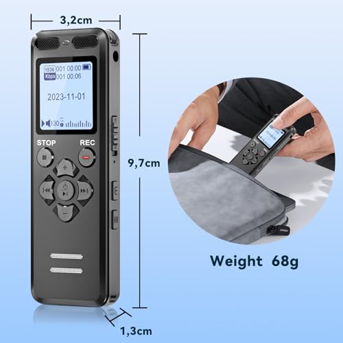 72GB Diktiergerät Digitale, Tonnlog 1536kbps Aufnahmegerät Sprachrekorder mit Wiedergabe, USB-C Audio Voice Recorder mit Geräuschreduzierung für Vorlesungen Meetings, One-Touch Aufnahme/Sperrung
