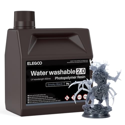 ELEGOO Water Washable 3D Printer Resin 2.0, Fast Curing Photopolymer Resin for Mars Saturn Jupiter MSLA DLP LCD 3D Printing, 385-405nm UV Curing 3D Printing Liquid, Smoky Black 2000g