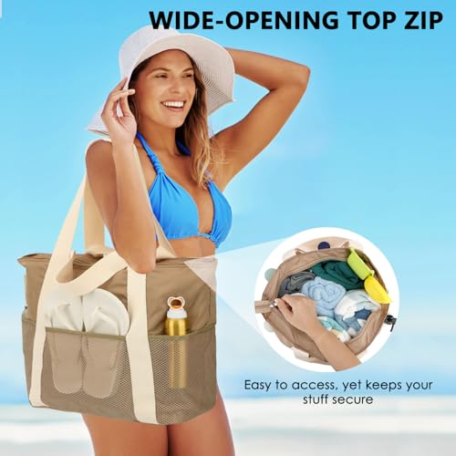 Image of Fammart Mesh Beach Bag for Women, Large Beach Toy Pool Bag with Zipper Pocket, SandProof Cruise Essentials 2026 Family Travel