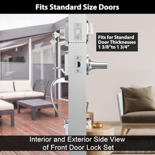 Image of Haidms Front Door Lock Set With Double Door Handle and Deadbolt - Brushed Nickel, Heavy Duty Handleset With Dummy, Reversible Handle Lever - Silver Hardware Set