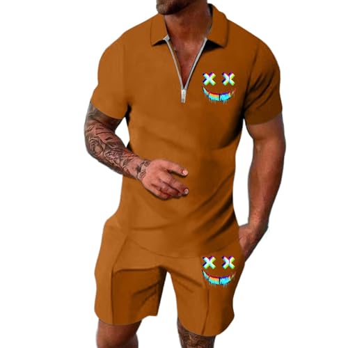 SUPTTING Traje de ocio para hombre con estampado sonriente, camiseta polo y pantalones cortos, conjunto de cuello, traje deportivo de manga corta, dos piezas, ropa de verano, ropa de calle, chándal