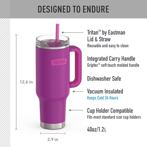 Image of THERMOS Stainless Steel Cup Holder Mug - 40 Ounce, Plum - Insulated Tumbler with Lid and Straw, Plus Leak-Resistant Slide Lock