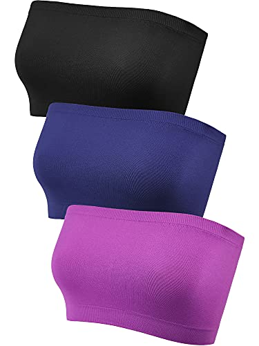 Women's Strapless Bralette Seamless Bandeau Soft Stretchy Non-Padded Bandeau Tube Top Bra In Multi Color, 3 Pieces(Black, Navy Blue, Dark Purple,X-Large - Xx-Large) #TOP23