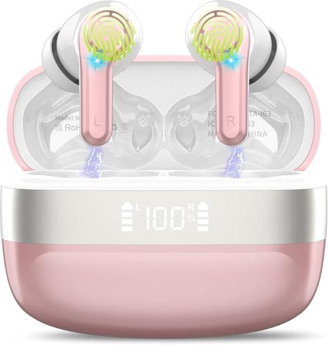 Wireless Earbuds, Bluetooth 5.3 Headphones HiFi Stereo with ENC Noise Cancelling Mic, Wireless Headphones 48H Playtime With LED Display, IP7 Waterproof Bluetooth Earphones With Touch Control, RoseGold