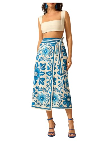 Floerns Women's Floral Print Wrap Tie Side Midi Skirt High Waisted Vacation Skirt