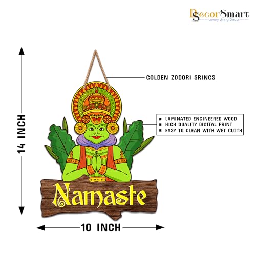 Image of Decor Smart Wooden Wall Hanging | Decorative Wall Art | Traditional Namaste Plaque with Kathakali Design | Indian Style Home Decor Accent | Decoration for Bedroom | Entryway & Living Room (DWA 8703)