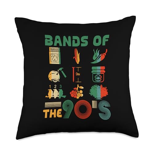 Retro Popular Music Bands of the 90s Funny Vintage Rock Band Throw Pillow