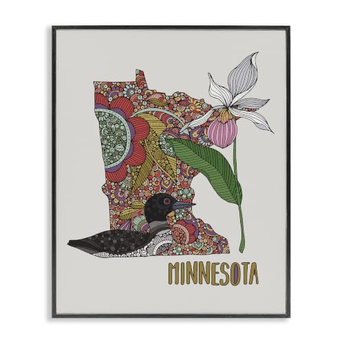 Minnesota Loon Floral State Map, 11 x 14 Inch Framed Giclée Print