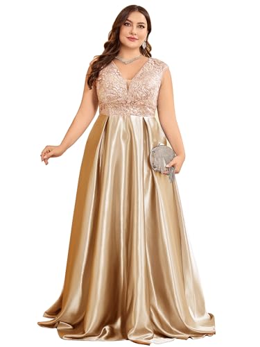 Image of Plus Size Satin Mother of the Bride Formal Gown for Wedding Sleeveless V-Neck Evening Dress