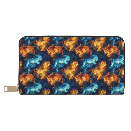 Leather Thin Slim Wallets for Women & Men - Starry Sky Flame Tiger Print Card Wallet Holder with Zipper - Main Image
