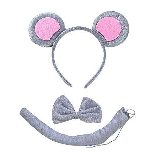 TSHAOUN Haarreifen mit Maus Ohren, Tier Kostüm Set,Ohren Stirnband Schwanz Tier Verkleidung Set, für Kinder Cosplay Geburtstagsfeier Karneval Weihnachten Party Supplies. (Grau)