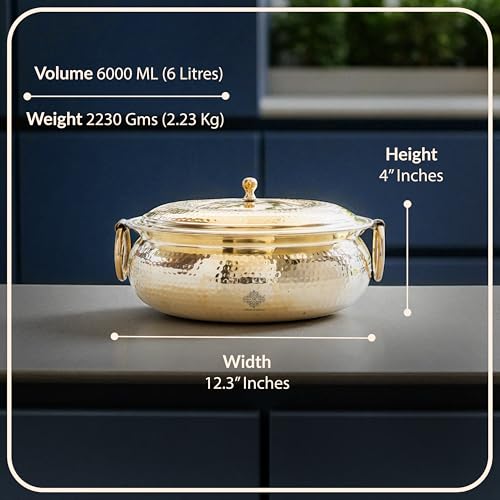 Image of INDIAN ART VILLA Brass Degchi with Hammered Design & Tin Lining, Traditional Cookware for Slow Cooking, Serving Curries, Biryanis, and Festive Meals, 6000 ML
