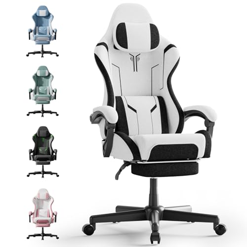 Image of Huracan Cloth Fabric Gaming Chair White, Ergonomic Gaming Computer Chair with Massage Lumbar for Adults, High Back Office Game Chair with Footrest for Home Video Game, Black White