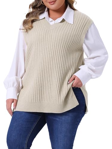 Agnes Orinda Plus Size Sweater Vest for Women V Neck Sleeveless Pullover Split Hem Knit Vest Classic Sweater Tops