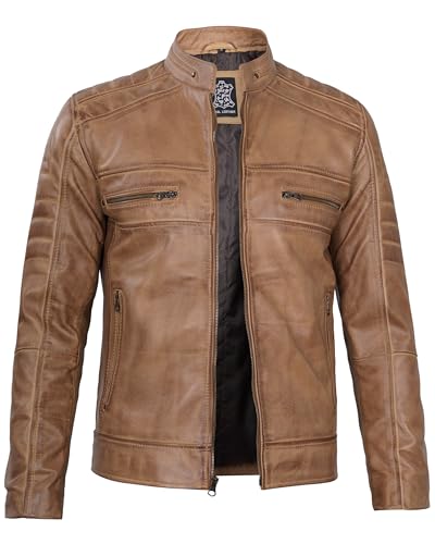 Image of Decrum Cafe Racer Leather Jacket for Men - Real Lambskin Motorcycle Style Mens Jacket with Zipper Closure