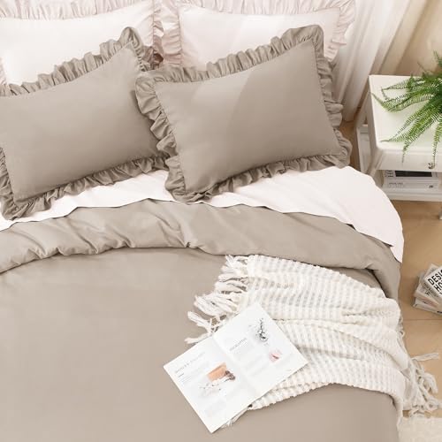 Image of Litanika Light Coffee King Size Comforter Set, 3 Pieces Ruffle Farmhouse Aesthetic Bedding Comforter Set, All Season Soft Lightweight Fluffy Microfiber Bed Set(104x90In Comforter, 2 Pillowcases)