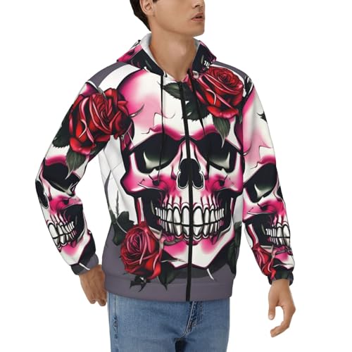 Sweat à capuche crâne rose homme zippé et cordon de serrage casual