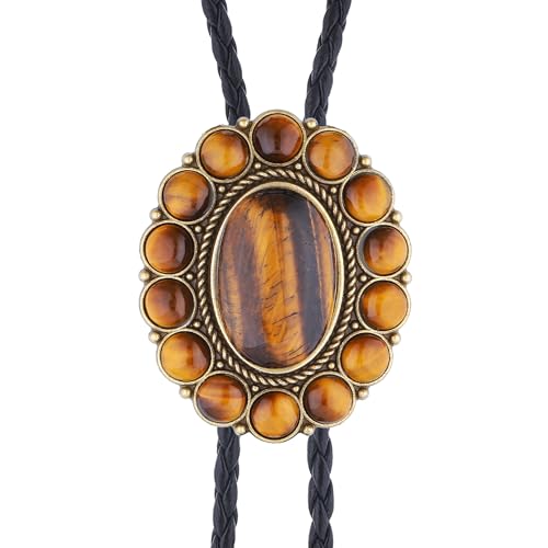 Image of GelConnie Bolo Tie for Men Women Western Cowboy Turquoise Leather Necktie | Natural Stone Bolo Tie Necklace for Women Rodeo Cowboy Leather Necktie Native American Western Cowgirl Ties Adjustable Cord