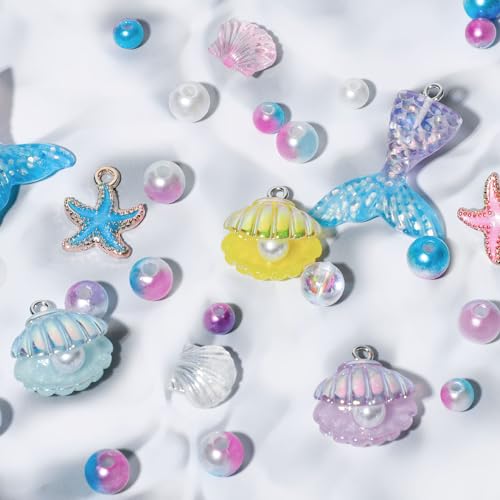 ايس ريتش مجموعة صنع اساور حورية البحر للبنات من 1400 قطعة خرز لصنع المجوهرات مع لؤلؤ المحيط 8 - 6 ملم وصدفة نجم القلائد والحلقان وهدايا عيد الميلاد للاطفال