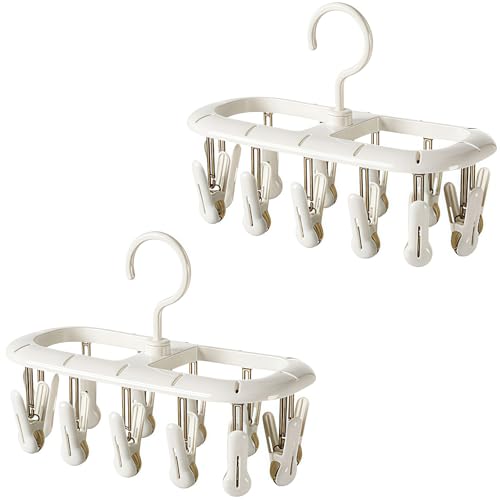 AACV 2個入り 多機能ピンチハンガー 分類 360°回転 乾湿両用 重ねて省スペース 通気速乾 取り外し可能クリップ 滑り止め設計 跡が残らず固定 家庭用 多用途 軽量携帯 衣類 靴下 下着 帽子などに対応 シンプルで設置簡単 実用的 (12ピンチ)