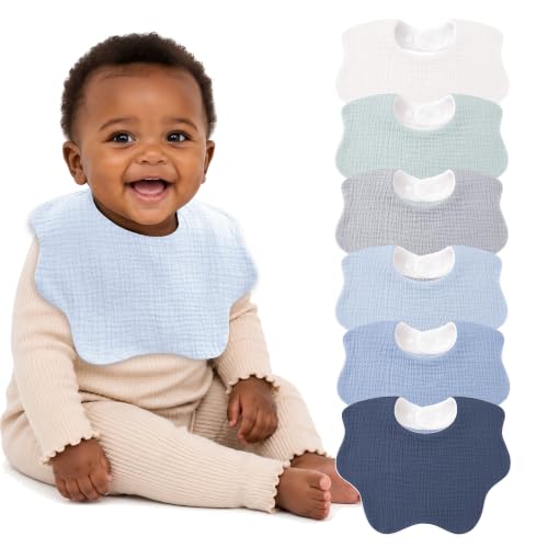 Image of Bearmoss Muslin Baby Bibs for Drooling & Teething Cotton Drool Bib 6 Pack | Soft Absorbent Adjustable Bibs for Unisex Boys and Girls,Easy to Clean for Infant,Toddler, Newborn,Wider design,0-36 Months