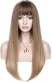  Kalyss 22 ”Ombre Brown synthetische Haarperücken mit Pony für Frauen Lange gerade gerade lockige gewellte Enden Hitzebeständige dunkelbraune Wurzeln Damen volle Perücken