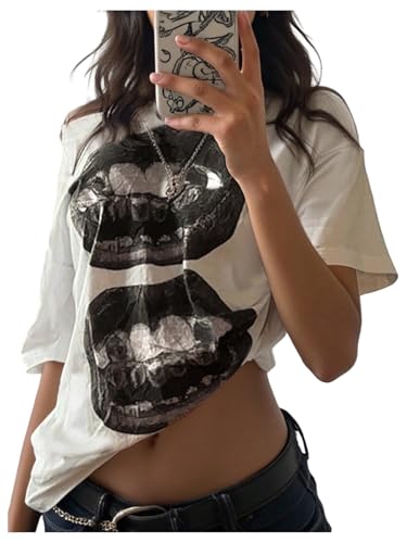 Women's Off The Shoulder Tops Short Sleeve Lip Graphic Tees Retro Y2K Summer T Shirts