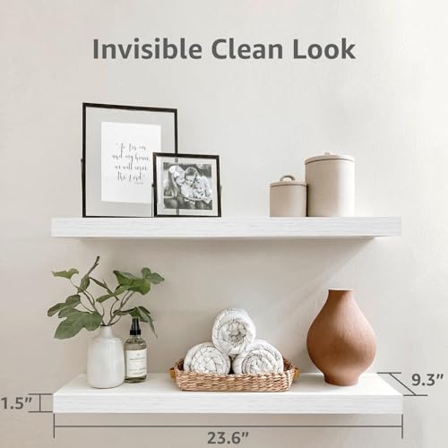 QEEIG Floating Shelves for Wall 23.6" Long - Wall Mounted Shelf Bathroom Kitchen Living Room Bedroom Farmhouse Home Decor Display Bookshelf Large 23.6 x 9.3 inch Set of 2, White (008-60W) by QEEIG - Image 3