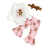 Kuriozud Newborn Baby Girl Christmas Outfit Long Sleeve Romper Bodysuit Flare Pants Set Cute Infant Girl Clothes (My 1st Christmas Gingerbread White, 0-3 Months)