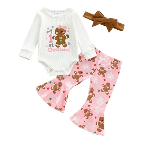 Kuriozud Newborn Baby Girl Christmas Outfit Long Sleeve Romper Bodysuit Flare Pants Set Cute Infant Girl Clothes (My 1st Christmas Gingerbread White 0-3 Months)