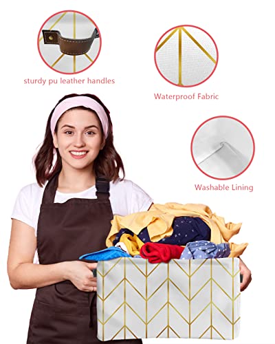 Storage Baskets For Organizing, Toy Box Chest Modern Herringbone Geometric White And Gold Foldable Cube Storage Bin With 2 Leather Handles Set Of 1 #TOP3