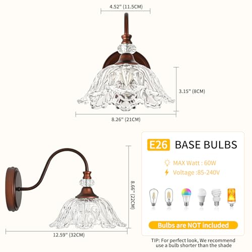 Image of 1-Piece Antique Red Bronze Vintage Wall Sconce with Floral Clear Glass Shade, Farmhouse Wall Mount Lighting for Bathroom,Vintage Bathroom Vanity Light Fixtures
