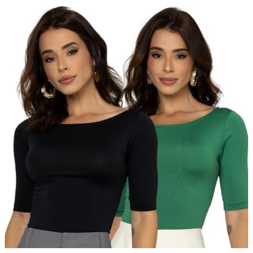 Kit 2 Blusa Feminina Decote Canoa Suplex Elegante T-shirt Casual Elegante Florença (BR, Alfa, Único, Regular, Preto e Verde)