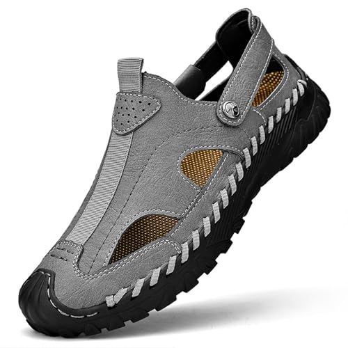 Men's Genuine Leather Hollow Out Sport Sandals Closed Toe Slip On Soft Platform Non-Slip Casual Wading Rome Sandals Outdoor Walking Sandals