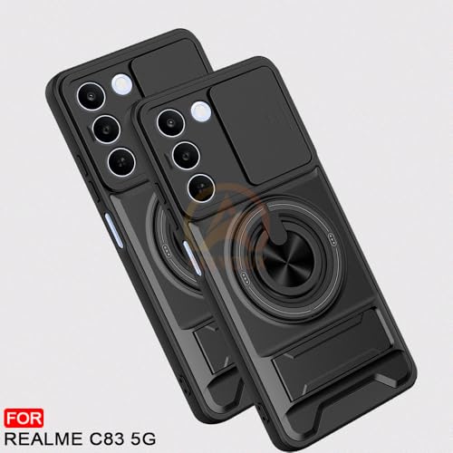 Image of Realme C83 5G Back Cover | Armor Camera Slider 360 Degree Rotating Finger Ring Holder Case with Bracket Stand Back Case Cover (Compatible with MagSafe Accessories) (Black)