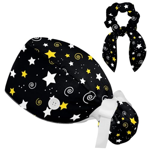 Image of Women's Working Caps Bouffant Surgical Cap with Bow Scrunchies Little Daisy Art Paint Ponytail Holder Tie Back Scrub Hat