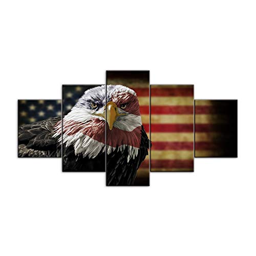 Bald Eagle Usa Flag Wall Art Vintage American Flag Canvas Red Line American Home Decor Eagle Wall Art Pictures For Bedroom Living Room 5 Panel Large American Poster Painting Framed Ready To Hang #TOP1
