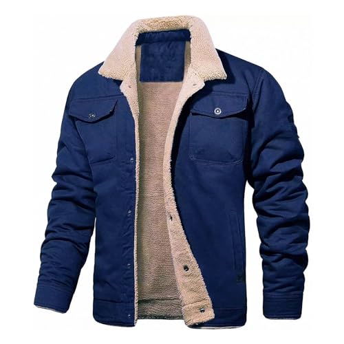 Mens Winter Jacket Thick Thermal Sherpa Coats Warm Fleece Lined Coat Trucker Lapel Military Work Cargo Jackets for Men