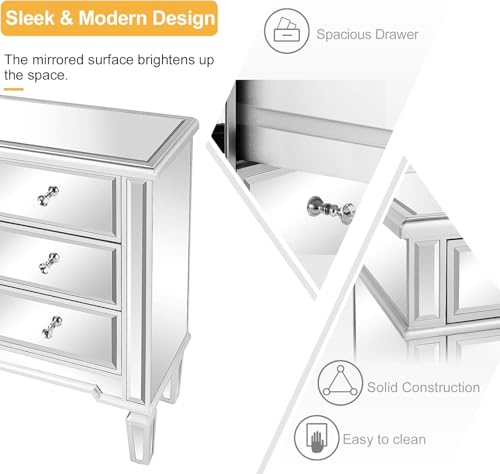 Image of VINGLI Mirrored Dresser for Bedroom with 6 Storage Drawer Modern Chest of Drawers, Silver, 32 inchL x 12 inchW x 28 inchH