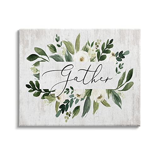 Image of Stupell Industries 'Gather Text White Flower Green Botanicals'| Canvas Art | Stupell Industries | 30 x 24 Inches, Easy to Hang and Sturdy, Made in USA, by Lettered and Lined