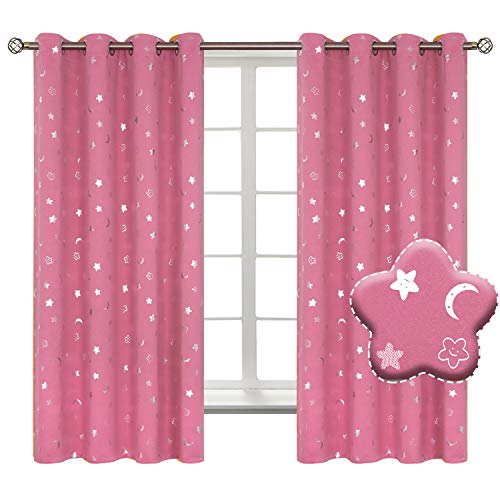 BGment Moon and Stars Blackout Curtains for Girls Bedroom, Grommet Thermal Insulated Room Darkening Printed Kids Curtains, 2 Panels of 52 x 63 Inch, Pink