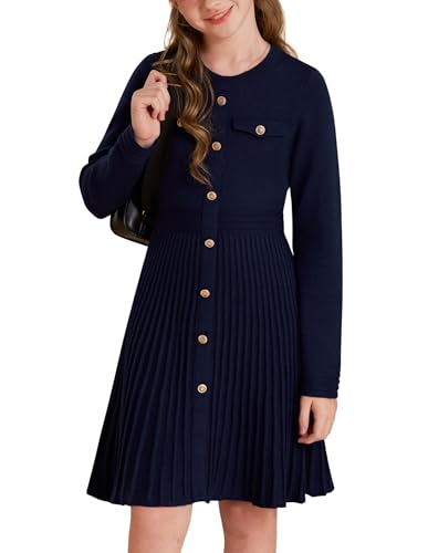 GRACE KARIN Girls Sweater Fall Dress Long Sleeve Knit Button Front Pleated A-Line Casual Winter Midi Dresses 5-14Y