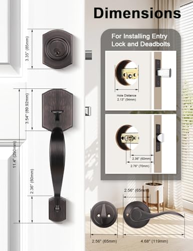 Image of Tinewa Oil Rubbed Bronze Double Front Door Handleset with Deadbolt - Upgraded Entry Door Handle Featuring Accent Wave Lever, Keyed & Dummy Exterior Handleset Combination