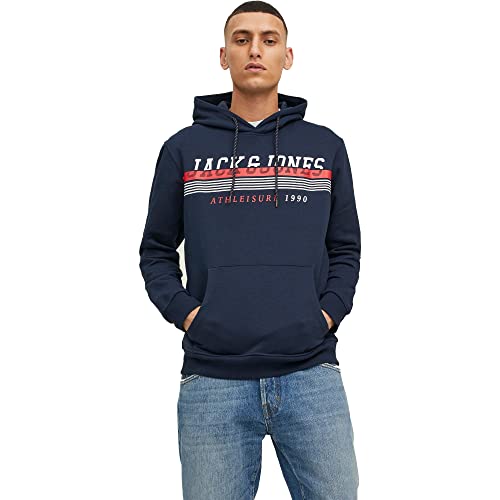 JACK & JONES Men's Pullover Sweatshirt Hoodie Casual Warm Logo Print Hooded Top Navy Blazer S