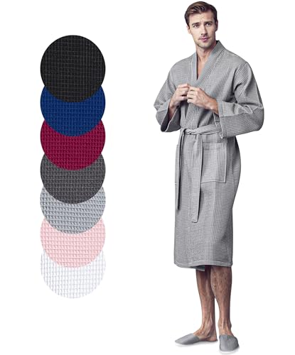 Lotus Linen Men’s Waffle Weave Cotton Bathrobe – Lightweight, Quick Dry Spa Robe, Personalized Robes