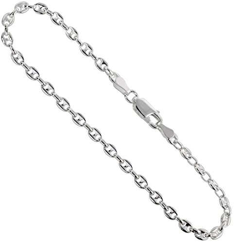 4mm Sterling Silver Puffed Anchor Chain Bracelet Nickel Free Italy, 8 inch