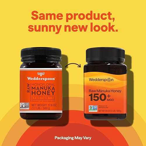 Image of Wedderspoon Raw Manuka Honey 150+ MGO, 17.6 Oz, Unpasteurized New Zealand Honey, Non-GMO, BPA-Free Jar, Superfood & Natural Wellness Support