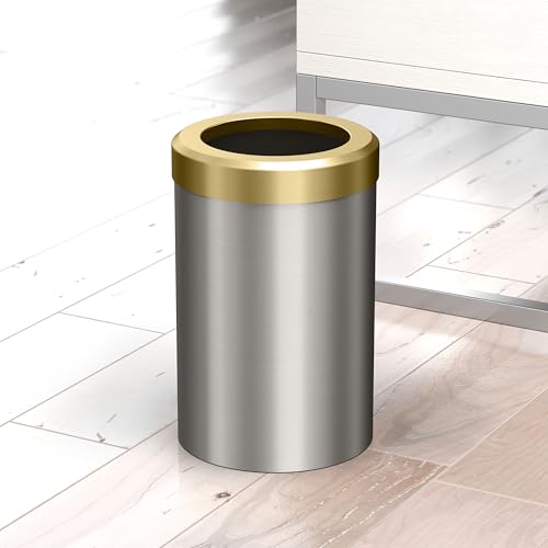 Image of Gatco Small Bathroom Trash Can with Lid, Round 3 Gallon Stainless Steel Wastebasket, Under Sink, Satin Nickel and Brushed Brass, for Bathroom, Bedroom, Office (1911B)